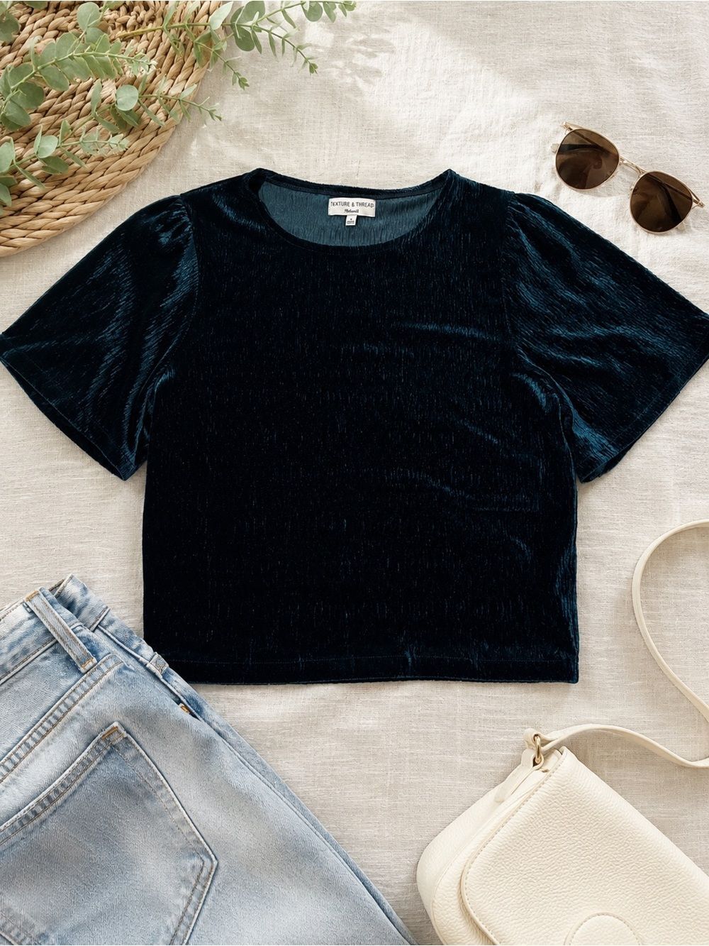 Madewell Texture & Thread Green Velvet Top